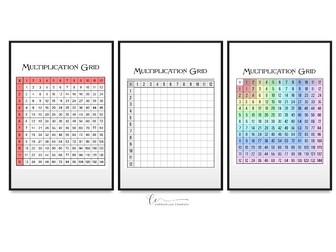 12 x 12 multiplication grid variety of colours
