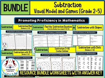 SUBTRACTION WITH VISUAL MODELS AND GAMES Worksheet Product or Resource BUNDLE for GRADE 2–5