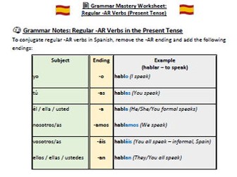 KS3 Spanish Grammar Worksheet – Present Tense of Regular -AR Verbs (+ Answer Key)