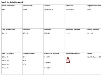 Year 7 Key Skills Homework Pack - multiplication, division, decimals, fractions, percentages