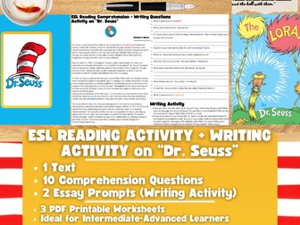 ESL Reading Comprehension + Writing Activity Worksheets on Dr. Seuss