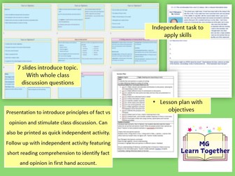 Functional Skills Fact and Opinion lesson. Dyslexia friendly formatting. Presentation, plan and work