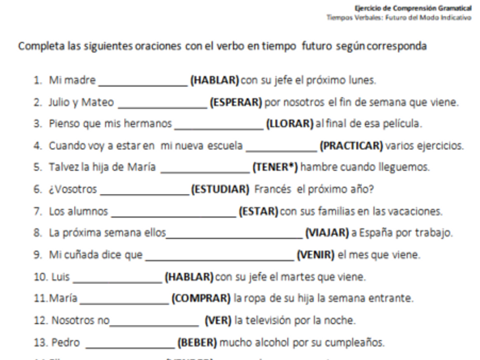 Spanish Future Tense Worksheet With 50 Gap Filling Exercises+ Answers ...