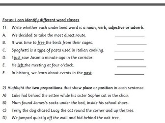 SATs style practice questions:  Grammar Word Classes