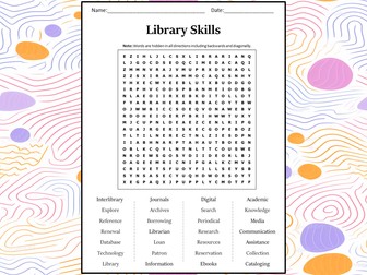 Library Skills Word Search Puzzle Worksheet Activity