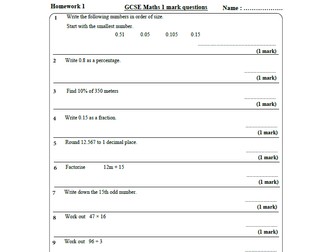 10 GCSE Maths Foundation Homework Revision (9-1) Part 1 -Includes all ANSWERS
