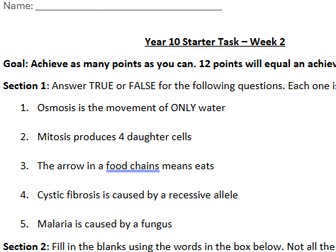 GCSE Biology Year 10 - Weekly Starters Pack | 2 Weeks | KS4 Revision & Retrieval Practice