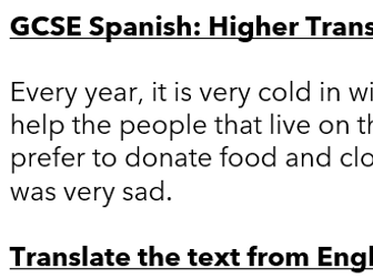 GCSE Spanish Translation Worksheet - Translation with staged support and answer.