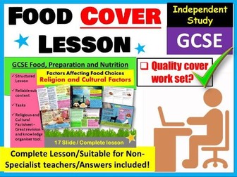 GCSE Food Cover Work/Cover Lesson - Food choices - Religion and Cultural Factors
