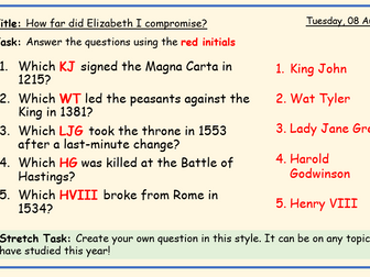 KS3 How far Elizabeth I compromise?  (Religious Settlement 1559)
