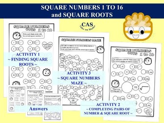 Square Numbers 1 to 16 & Square Roots Fun Activity