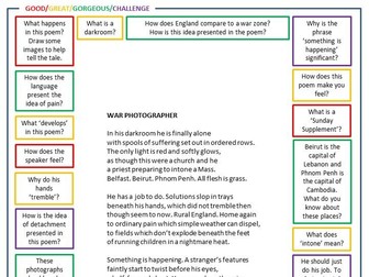 GCSE English Poetry WAR PHOTOGRAPHER worksheet