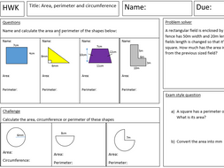 Perimeter, circumference and area worksheet answer key picture