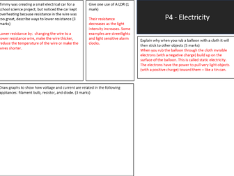 AQA GCSE 9-1 P4 Electricity Revision Mat