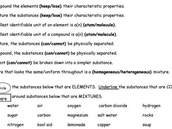 Elements, Compounds and Mixtures Resources