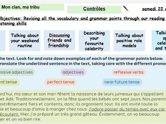New French AQA Higher GCSE Module 2 Mon clan, ma tribu Contrôles de lecture, ecriture,...