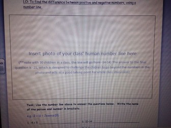 KS2 Year 4/5 Human Number line frame and questions. Great introductory lesson for negative numbers!