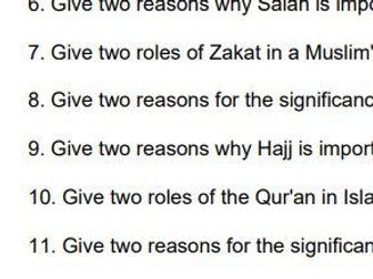 GCSE AQA RS - CHRISTIANITY AND ISLAM - 20 2 MARK QUESTIONS