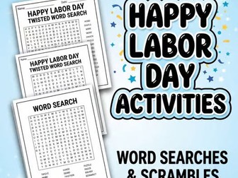 Labor Day vocabulary puzzles featuring twisted word searches, word scrambles, an