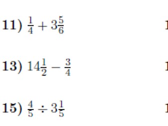4 worksheets on operations between whole numbers, fractions and mixed