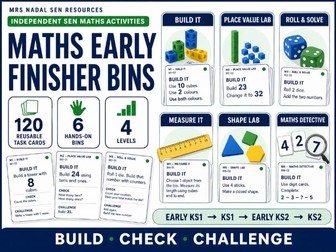 Maths Early Finisher Activities | 120 SEN Task Cards | 6 Hands-On Bins | 4 Levels