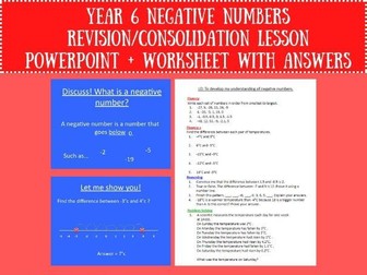 Year 6 Negative Numbers Revision/Consolidation Lesson - PowerPoint/Worksheet with Answers