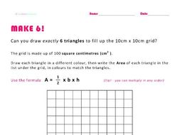 KS2-3 Area - "Make 6!" - triangle area activity - on a 10 x 10 cm^2