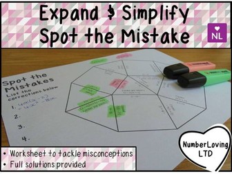 Expand and Simplify Spot the Mistake Worksheet