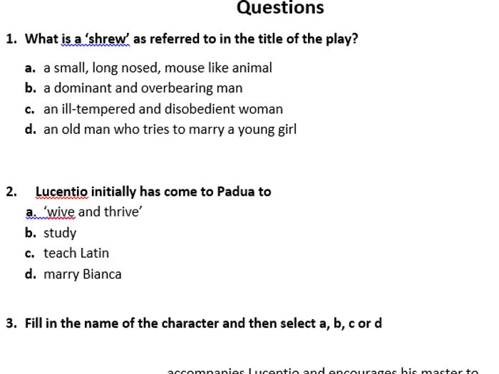 Taming of the shrew essay questions worksheet