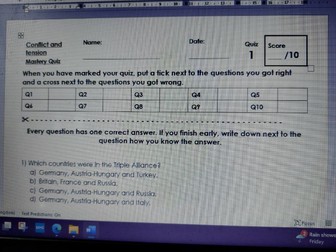 Mastery Quiz - The Causes of WW1 - GCSE