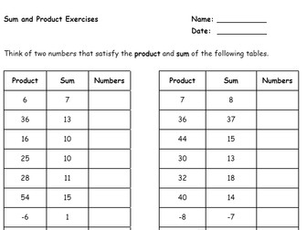 Maths: Sum and Product - Factorising worksheet