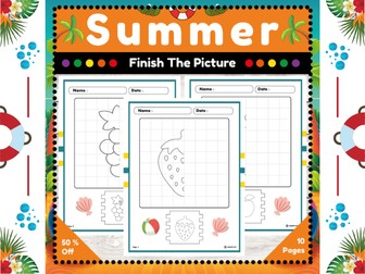 Summer Finish The Picture : Step-by-Step Drawing Grid Worksheets for Kids