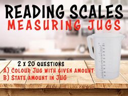 READING SCALES - MEASURING JUGS - 4 Worksheets, 40 Questions + ANSWERS + Clip-art