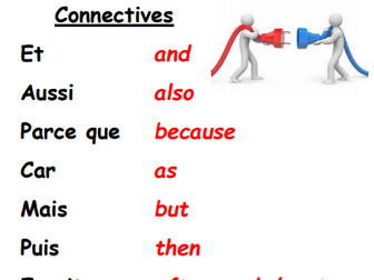 French classroom displays - connectives and useful verbs