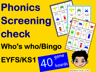 Fun Phonics who's who/ guess who game or Bingo! KS1 EYFS yr1 yr2 Phonics screening check revison