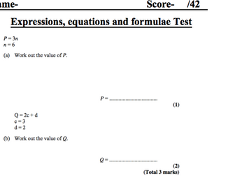 Expressions, equations and formulae test