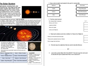 The Solar System Space Earth KS2 Primary Reading Comprehension National Test Style Sample Questions