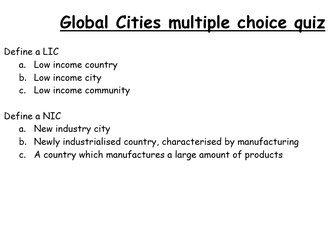 Eduqas Geography B: Global cities; multiple choice quiz