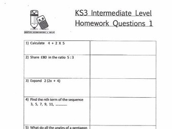 KS3 Maths Intermediate Level Homework Worksheets