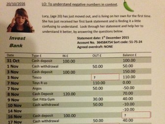 Year 5/6 Negative numbers in context: Bank Statements DIFFERENTIATED