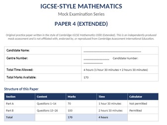 IGCSE-Style Mathematics – Mock Examination Paper 3 (Extended) | Non-Calculator & Calculator Sections