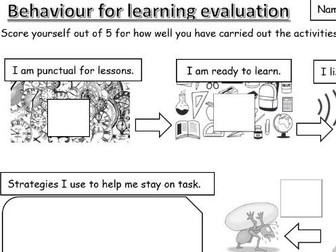 Behaviour for Learning pupil self-evaluation/assessment template.  Suitable for Primary/Secondary.