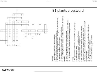 KS4 GCSE Biology paper 1 AQA Plants Crossword with answers challenge revision homework 