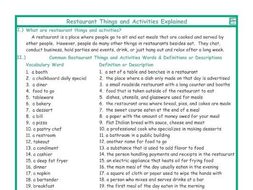 Restaurant Things and Activities Explanation-Definitions