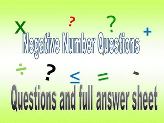 Negative Number Questions worksheet & answers