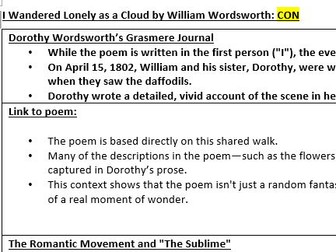 WJEC Poetry 2027 Wandered Lonely as a Cloud Historical Context revision sheet