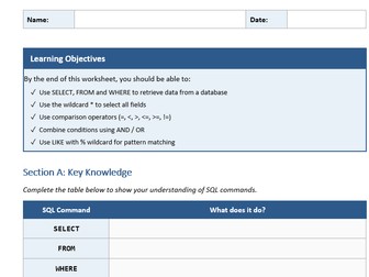 SQL Worksheet - Computer Science OCR J277