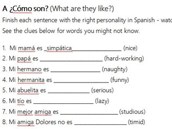 Las personalidades, hoja de trabajo