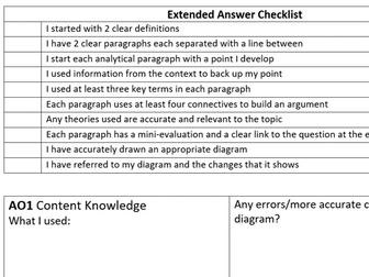 A Level Economics essay marking feedback sheet with  levels and grades