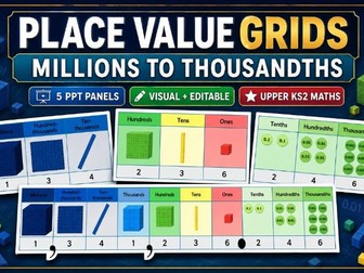 Place Value Grids: Millions to Thousandths - 7 whole place value number & 3 decimal place values